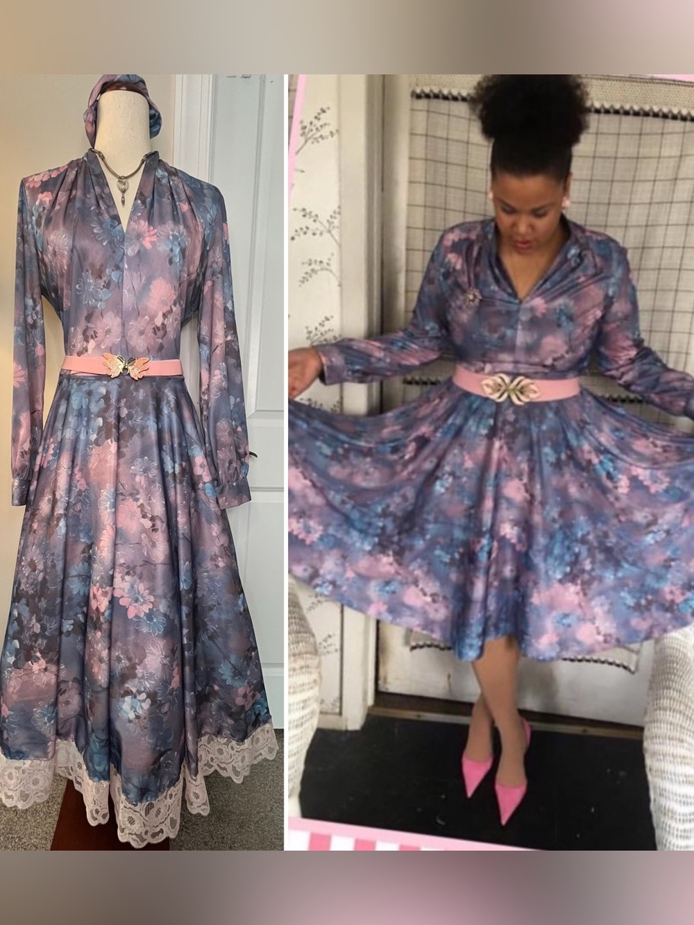 Floral Vintage-Inspired Pink & Blue Fit-and-Flare Dress